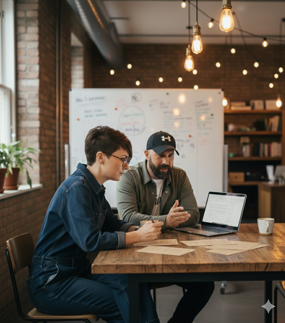 Two people sitting at a wooden table in a cozy office or meeting room, discussing documents and looking at a laptop. The room features exposed brick walls, hanging Edison bulb lights, a whiteboard with notes in the background, and a window with potted plants.