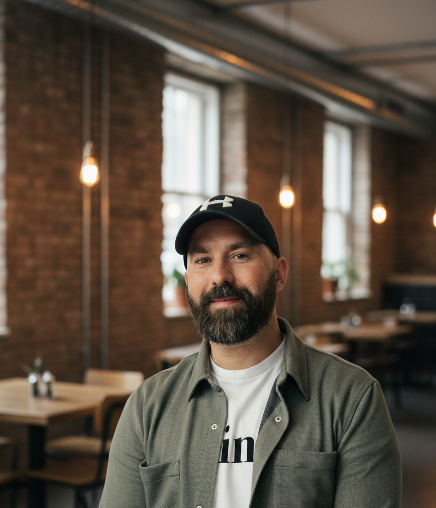 A bearded man wearing a black baseball cap, gray button-up shirt, and white graphic t-shirt standing in a modern, industrial-style restaurant with exposed brick walls and pendant lighting.