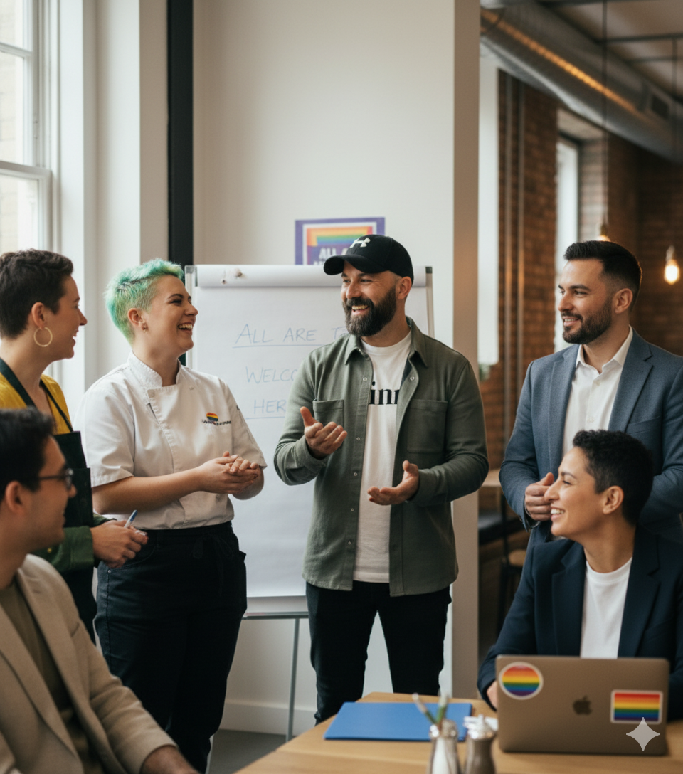 Group of diverse people smiling and talking in a welcoming meeting, with a representative holding a paper, in a modern office setting.