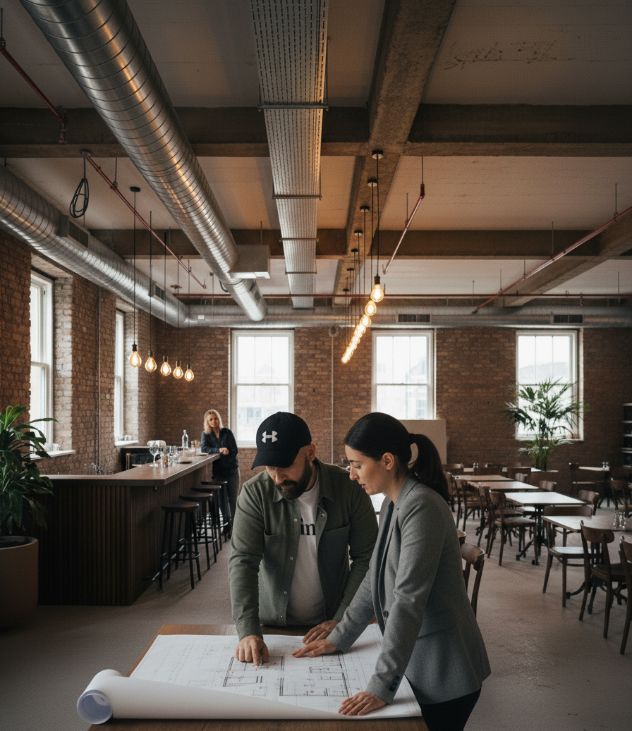 Two people reviewing blueprints at a table in an industrial-style restaurant or cafe with exposed brick walls, large windows, and hanging light bulbs.