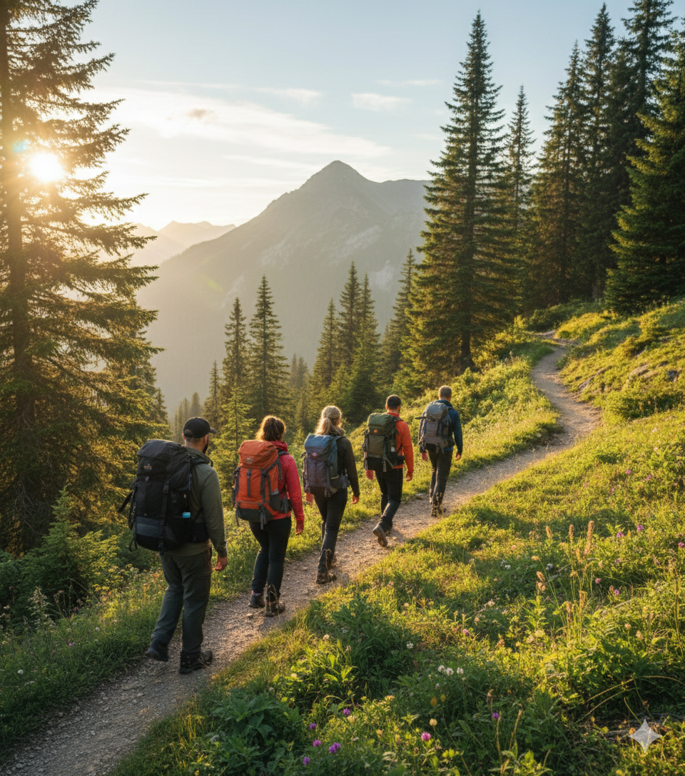 Six hikers walking along a trail in a forest with tall evergreen trees and distant mountain peaks during sunset.