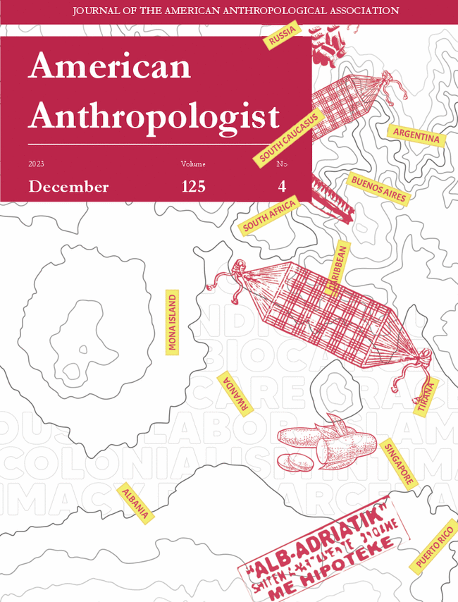Cover of 'American Anthropologist' journal December 2023, Volume 125, Number 4, featuring map with locations and illustrations, including a red plaid bag and food items.