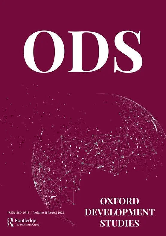 Cover of Oxford Development Studies journal, volume 51, issue 3, 2023, featuring a maroon background with white geometric network design and the letters 'ODS' prominently displayed.