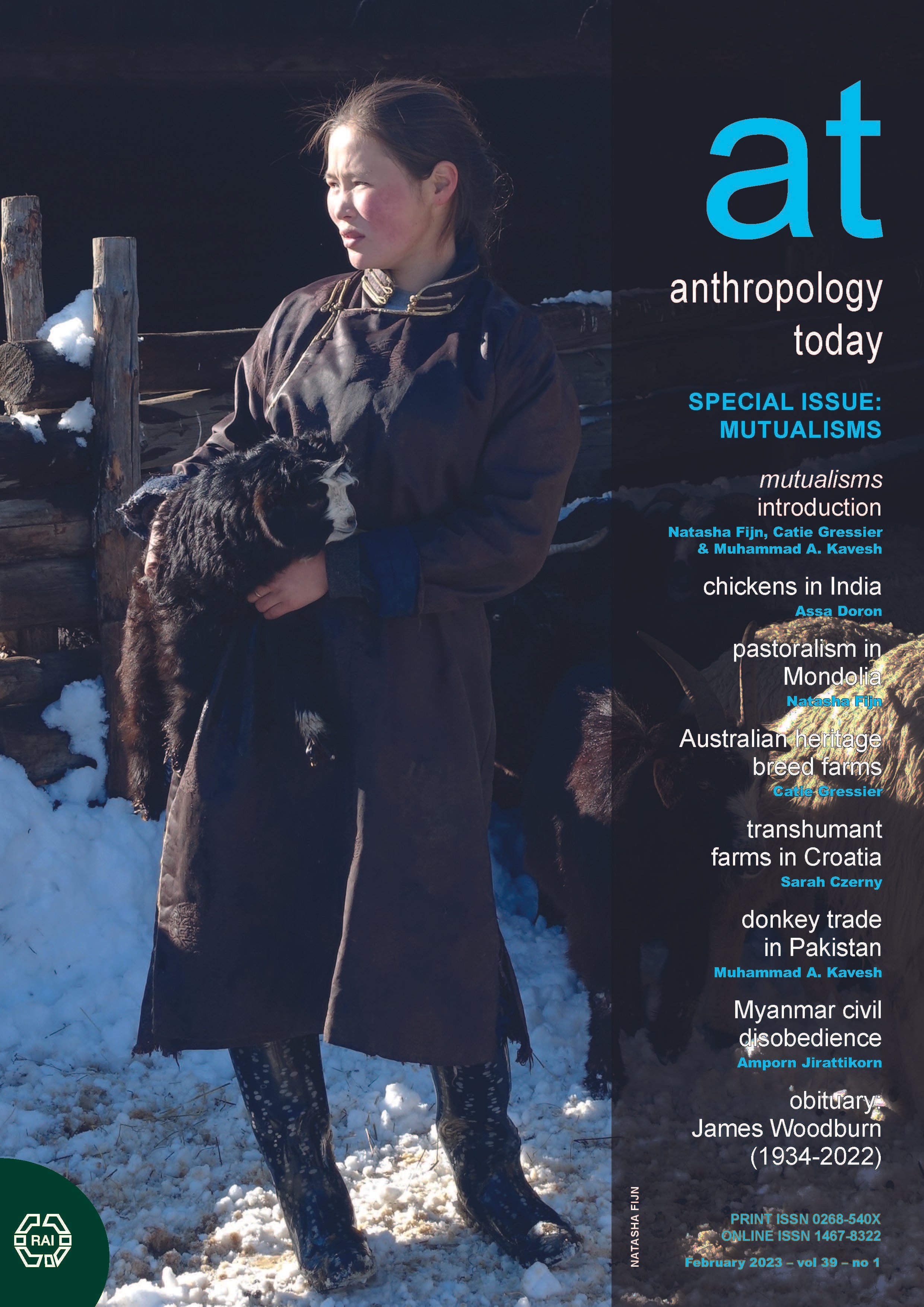Magazine cover featuring a person in traditional attire holding a sheep, with snow on the ground, and the title "Anthropology Today: Special Issue on Mutualisms" with various article titles listed on the right.