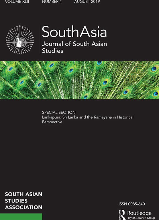 Cover of SouthAsia Journal of South Asian Studies, August 2019, featuring peacock feathers. Volume XLII, Number 4, includes a special section on Sri Lanka and the Ramayana. Published by Routledge. ISSN 0085-6401.