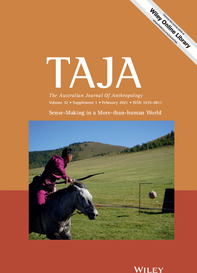 Cover of "The Australian Journal of Anthropology" volume 32, supplement 1, February 2021, with a focus on "Sense-Making in a More-than-human World." It features an image of a person on horseback in a grassy field, aiming at a target.