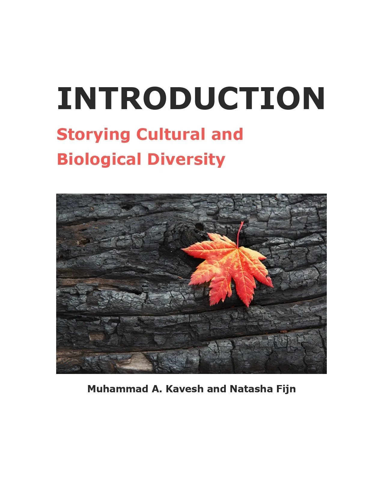 Book cover titled 'Introduction: Storying Cultural and Biological Diversity' by Muhammad A. Kavesh and Natasha Fijn, featuring a red leaf on charred wood.