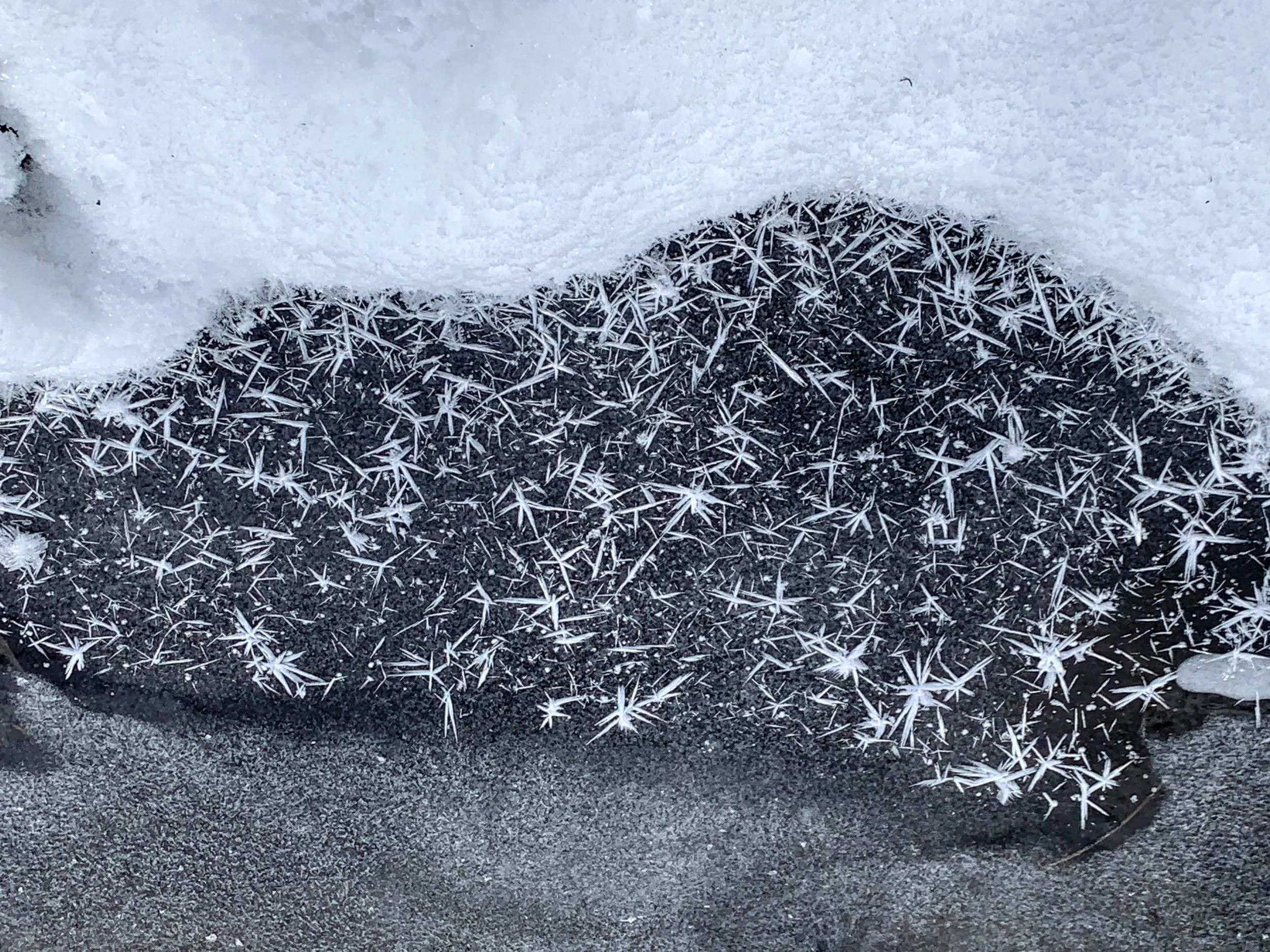 A person is wearing a winter coat and black boots with frost and snow crystals on the boots, indicating cold weather.