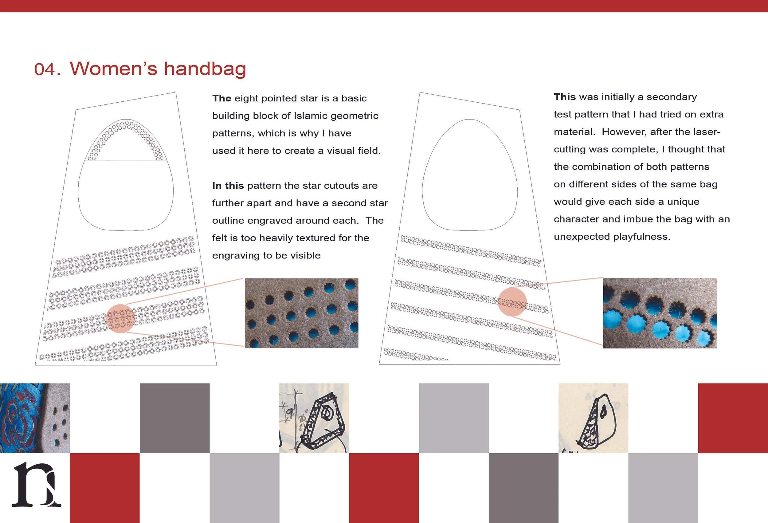 The eight-pointed star is a basic building block of Islamic geometric patterns, which is why I have used it here to create a visual field.

In this pattern, the star cutouts are further apart and have a second star outline engraved around each. The f