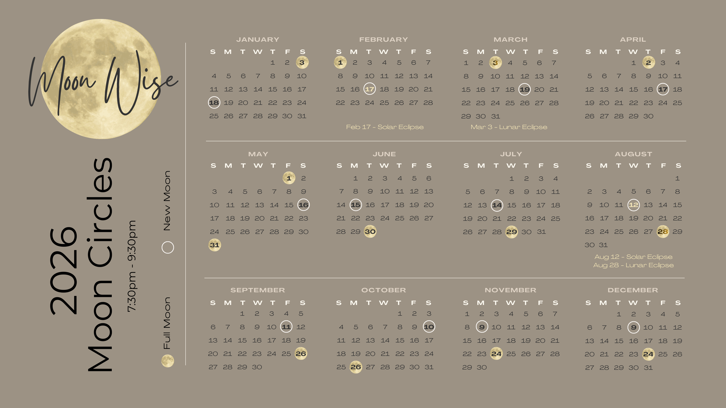2026 Calendar with different moon circle gathering dates indicated.