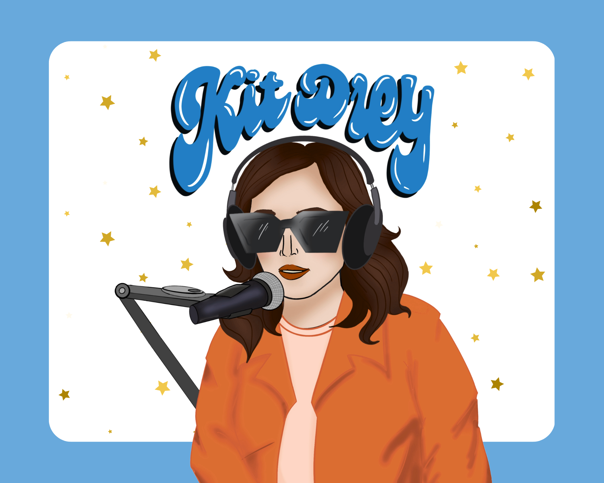 Artistic illustration of artist, Kit Drey, singing into a microphone with sunglasses and recording headphones on.