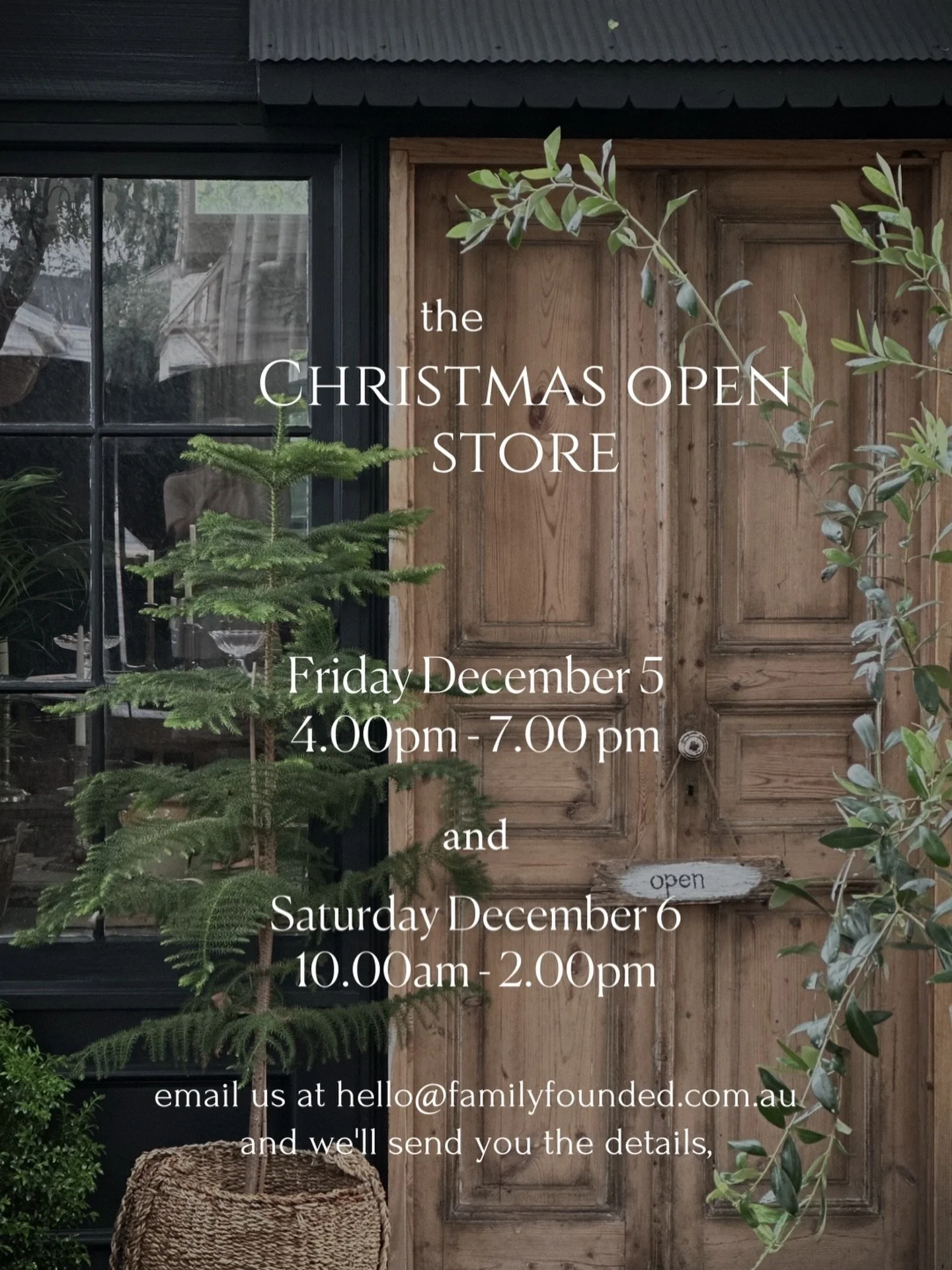 Save the date and come and visit us,

&lsquo;The Christmas Open Store&rsquo;
Friday December 5, 4.00pm ~ 7.00pm and Saturday December 6, 10.00am ~ 2.00pm

Send us an email to hello@familyfounded.com.au and we&rsquo;ll send you the details, we would l