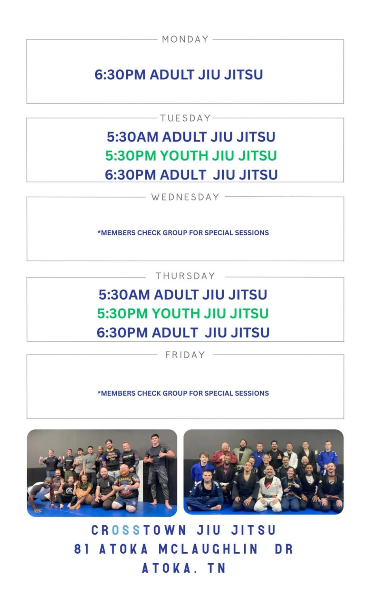 Schedule of jiu jitsu classes at Crosstown Jiu Jitsu in Atoka, Tennessee, with a group photo of students below.