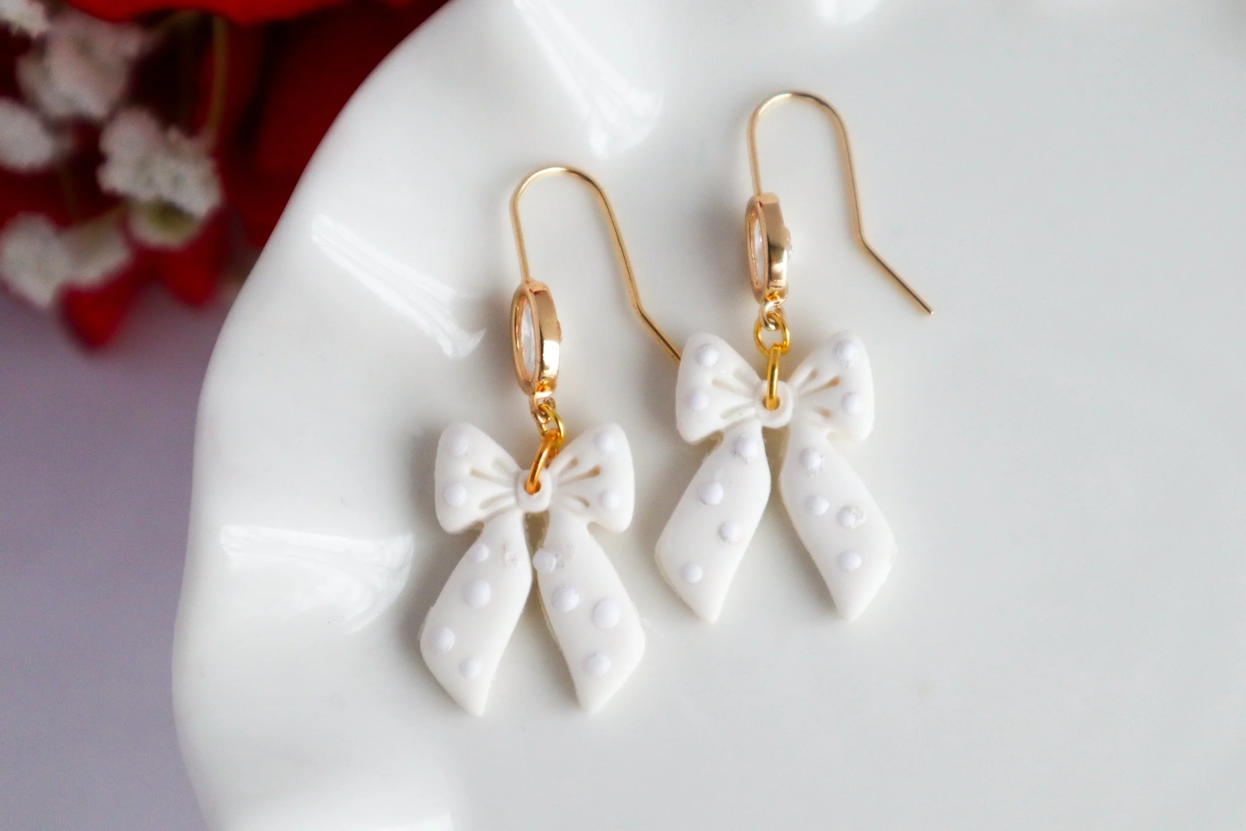White Polka Dot Bow Earrings