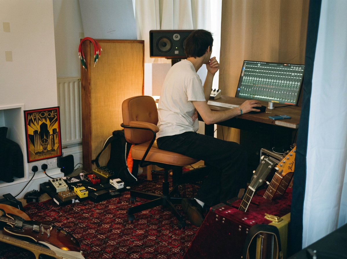 A person sitting at a music production desk working on a computer with audio editing software, surrounded by guitars, audio equipment, and posters in a recording studio.