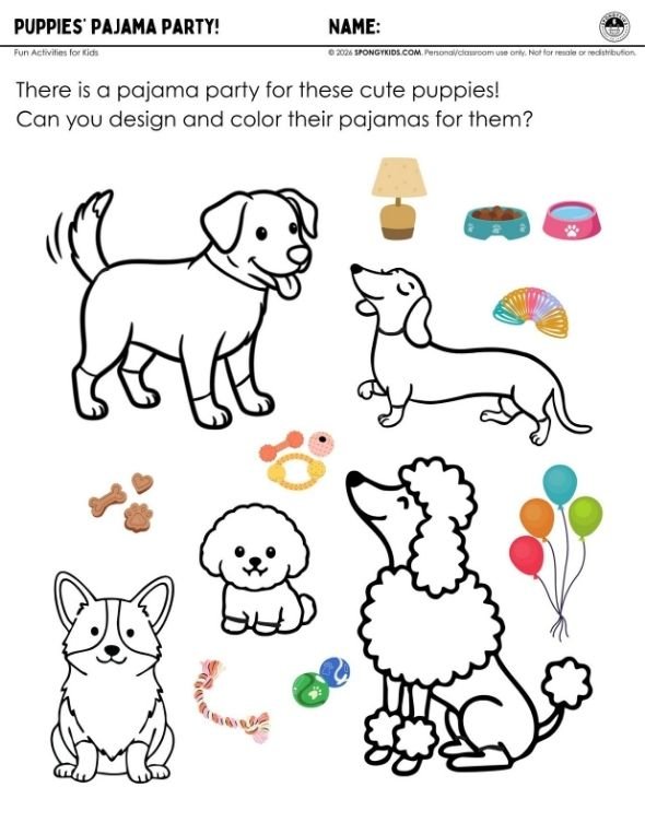 Kids design and color cute pajamas for adorable puppies in a playful art activity