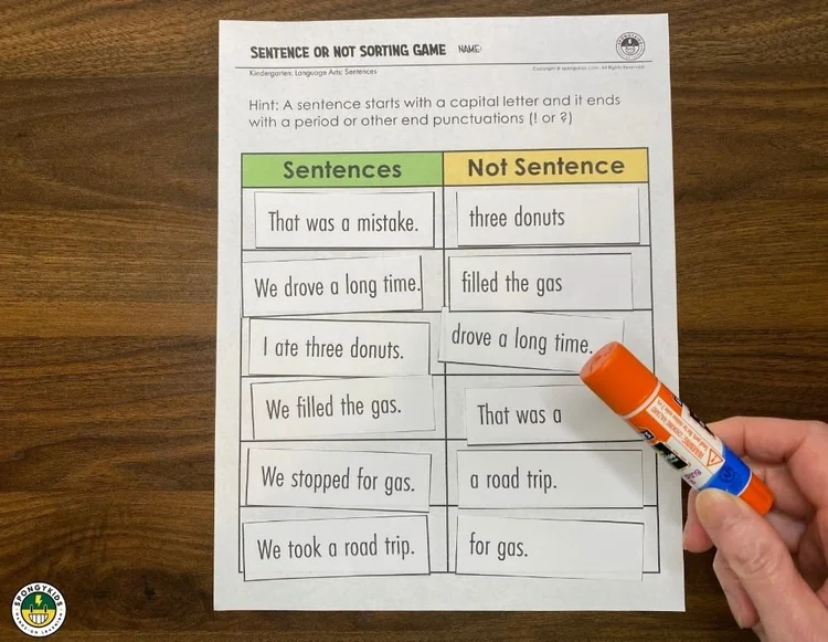 Sentence or Not Sorting Game: Learning Activity — SPONGYKIDS
