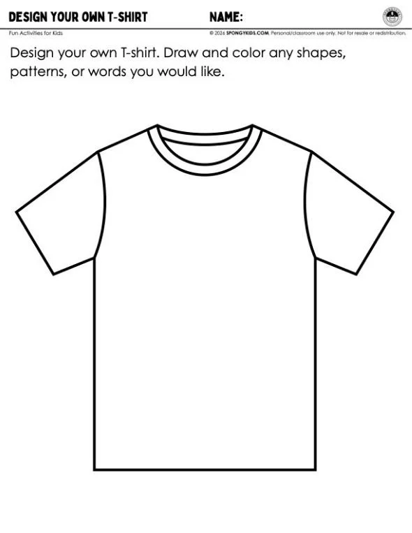 Kids designing and coloring their own T‑shirt on a printable activity page.