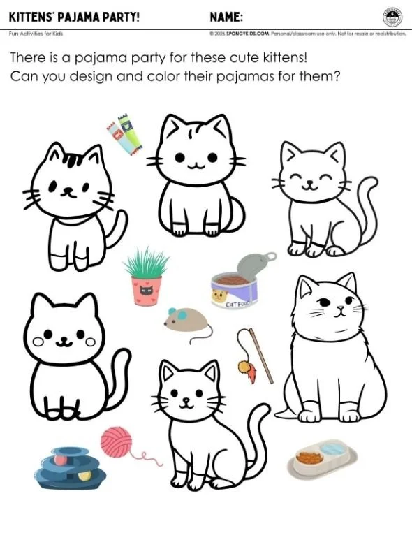 Children’s worksheet with cute kittens and blank pajamas for kids to design and color.