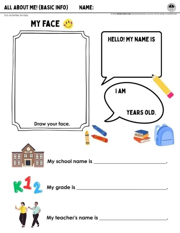 All About Me worksheet with a blank face frame, speech bubbles, and info fields.