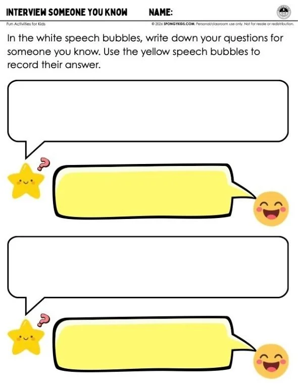 Kids interview activity worksheet with speech bubbles for writing questions and answers.