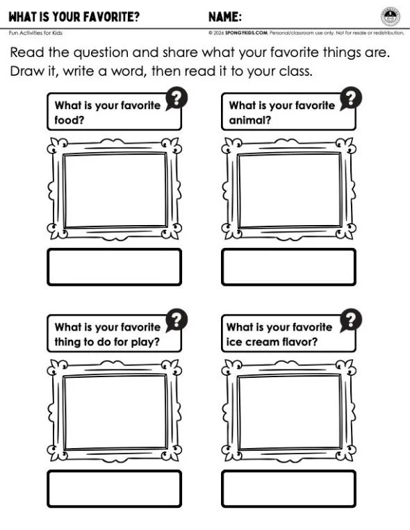 Children expressing themselves by drawing and writing about their favorite things on a printable worksheet