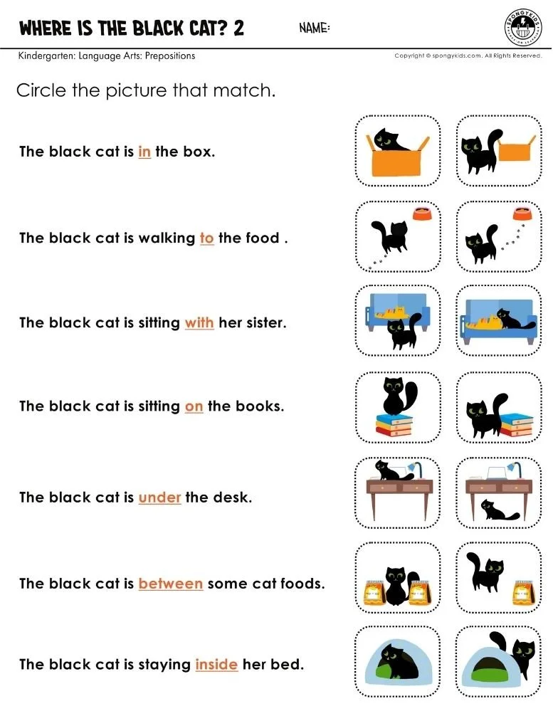A colorful worksheet that helps kindergarten students build confidence using location-based prepositions. Engaging, educational, and easy to understand!