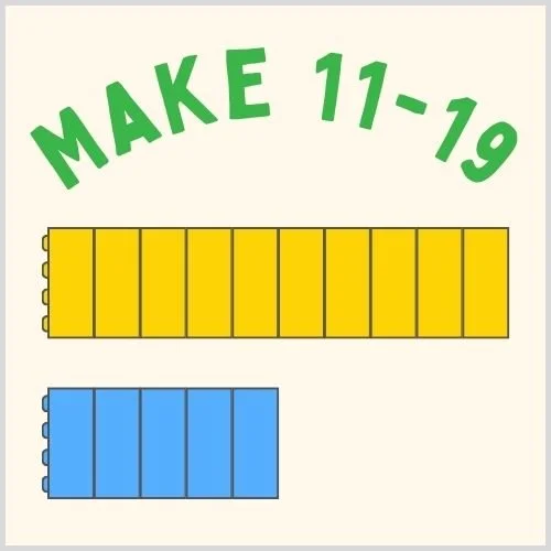 Colorful thumbnail showing activities and worksheets that help kids learn combinations to make from 11 to 19 as a combination of 10 ones and additional ones
