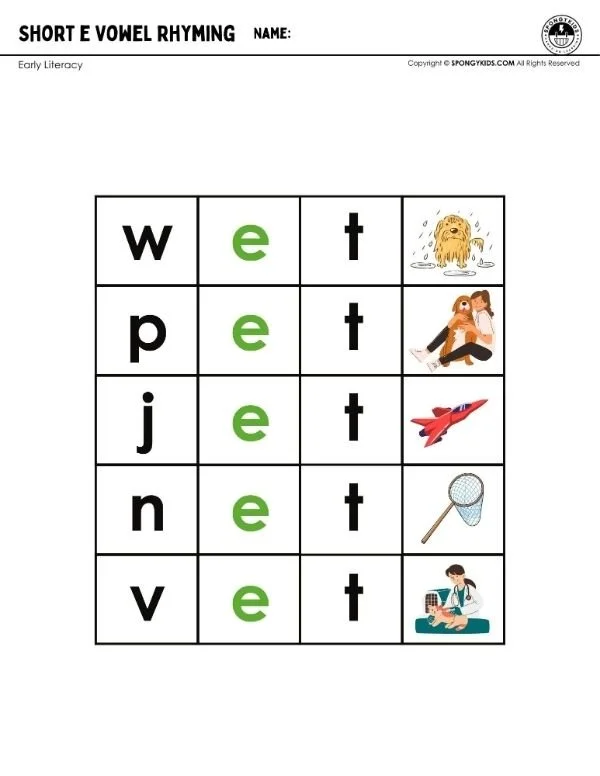 Short e Vowel Rhyming