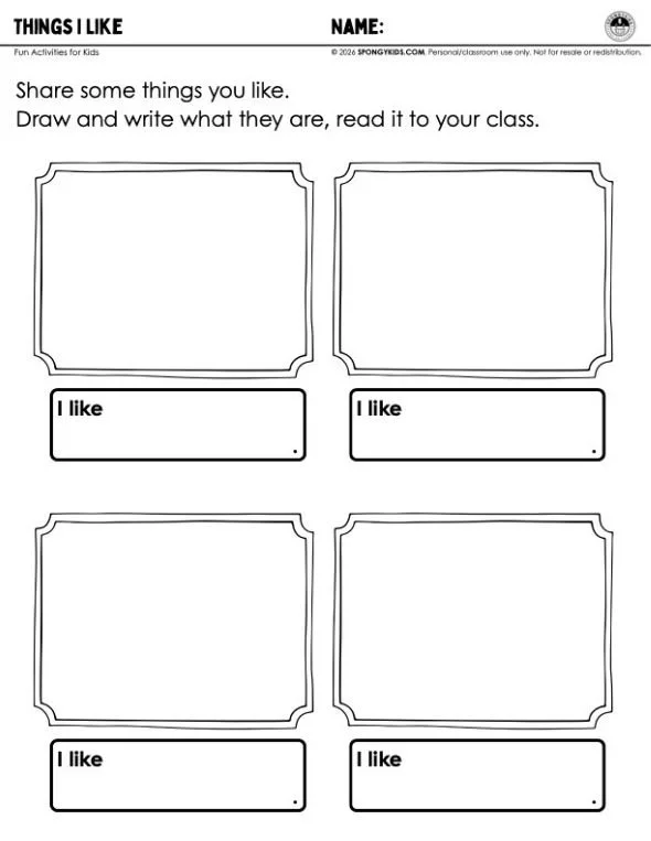 Kids activity page where children express their interests through drawing and writing