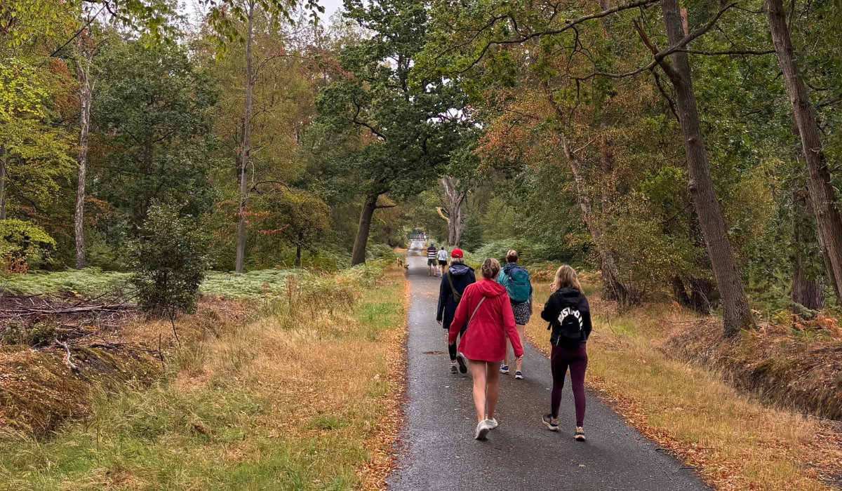 Women walking together through woodland on a Menopause Walk in Berkshire.