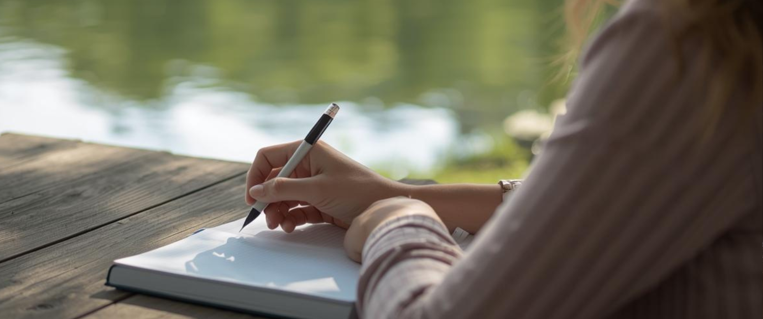 A woman writing in a notebook at a wooden table beside a calm lake, in soft natural light.