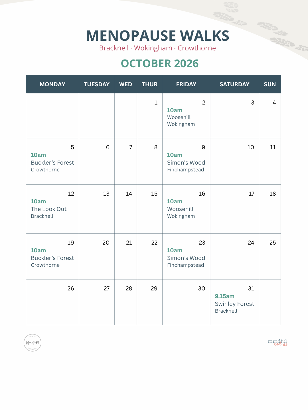 October 2026 Menopause Walks calendar with Monday and Friday walks across Bracknell, Wokingham and Crowthorne, plus the monthly Saturday walk at Swinley Forest.