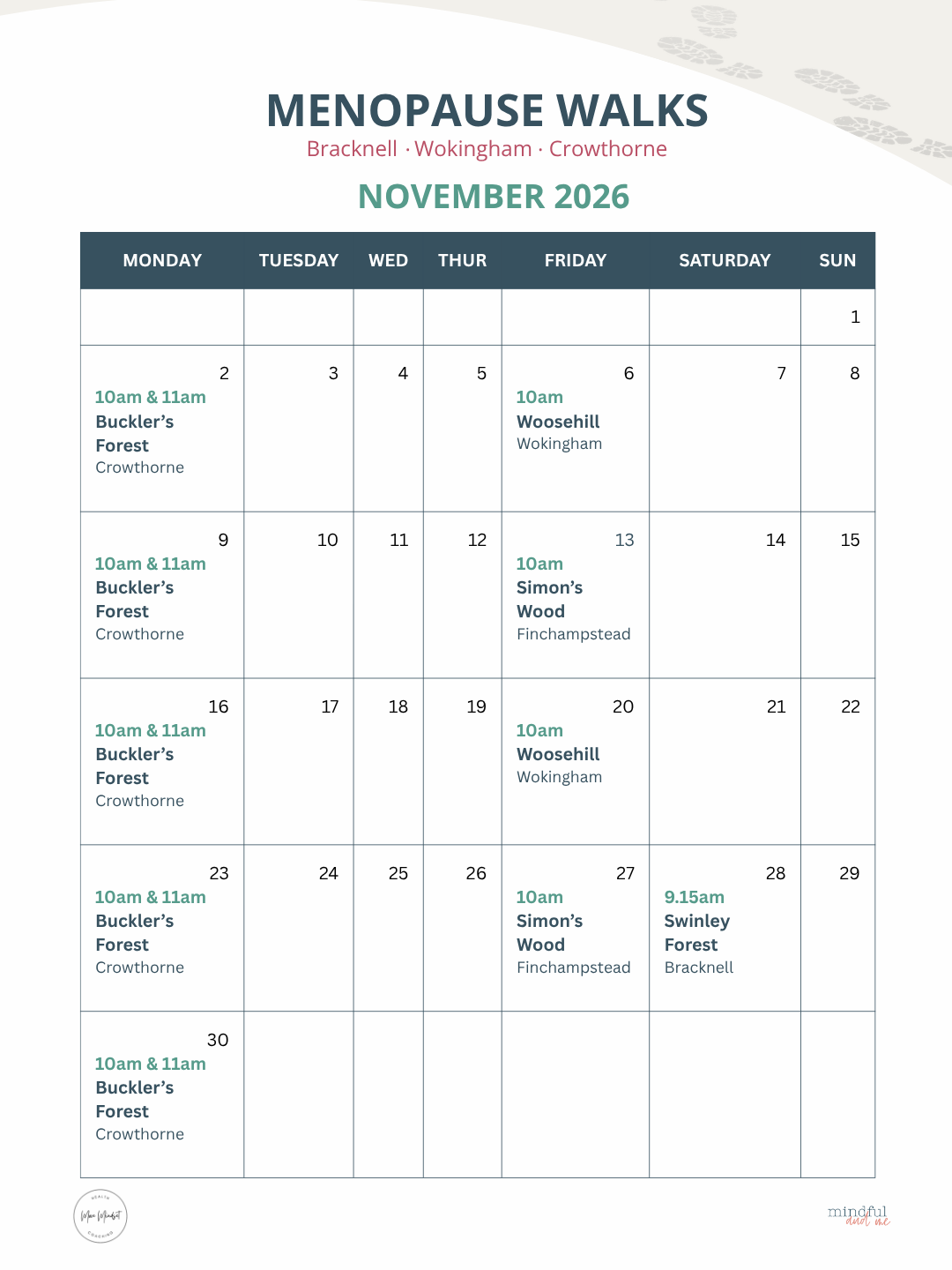 November 2026 Menopause Walks calendar with Monday and Friday walks across Bracknell, Wokingham and Crowthorne, plus the monthly Saturday walk at Swinley Forest.