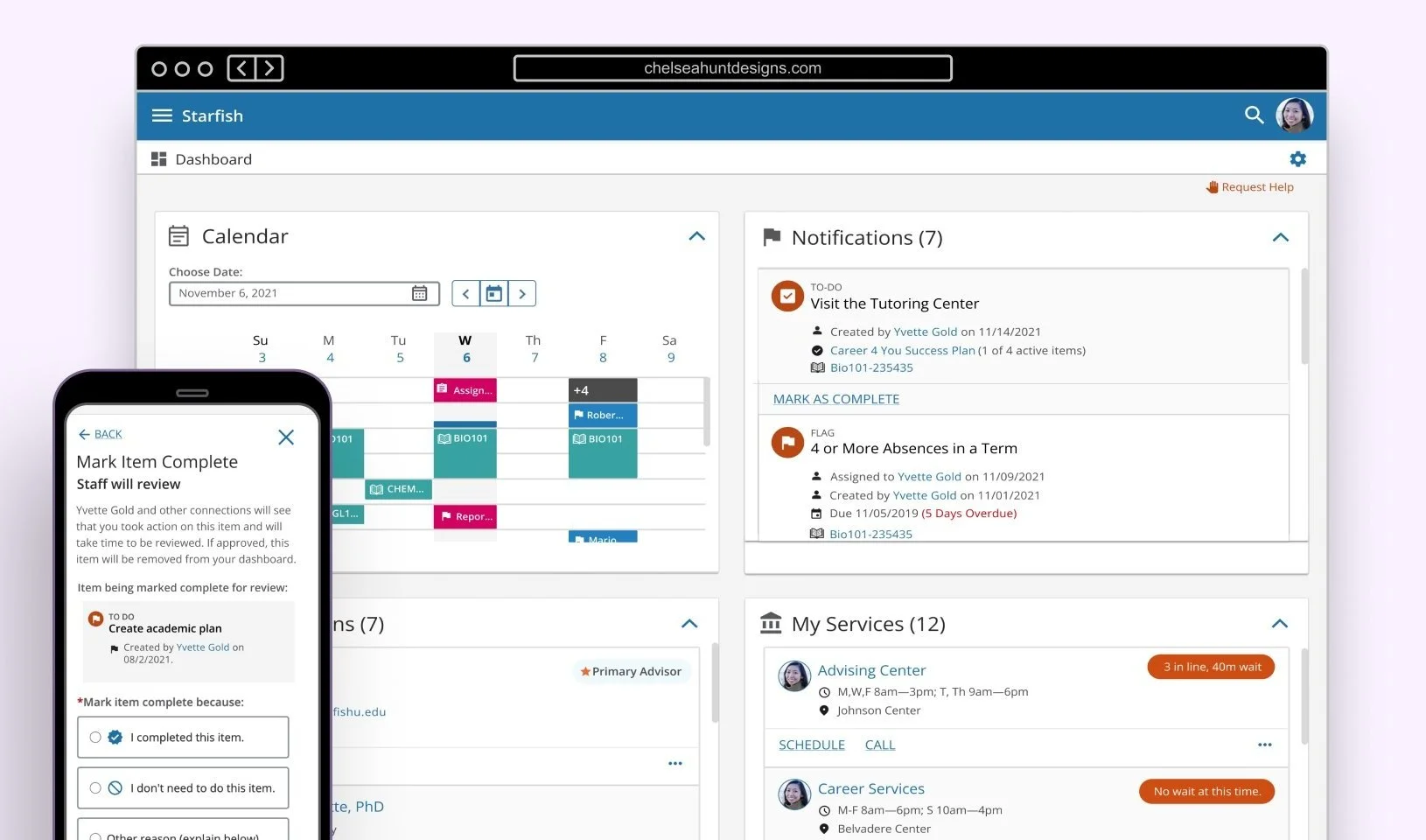 mockup of mobile and desktop view of a student dashboard and task drawer