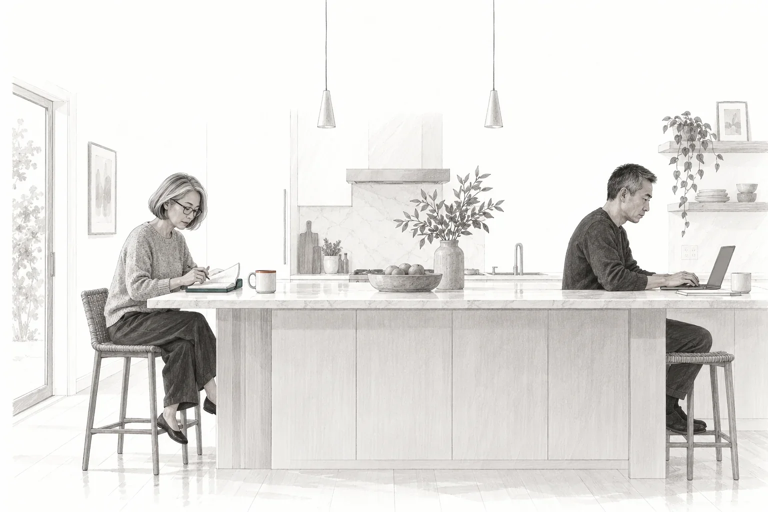 Pencil illustration of two partners at opposite ends of a kitchen island, one writing in a notebook and the other using a laptop, with subtle teal and terracotta details.