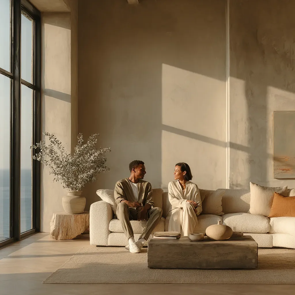 A couple in neutral tones sits on a cream sofa in a sun-drenched, minimalist living room with textured walls.