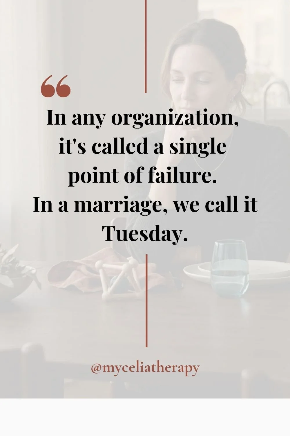 In any organization, it's called a single point of failure.

In a marriage, it's called Tuesday.

Only one of you knows the pediatrician's number, the kids' shoe size, the permission slip deadline.

The other one is not checked out.

They don't see t
