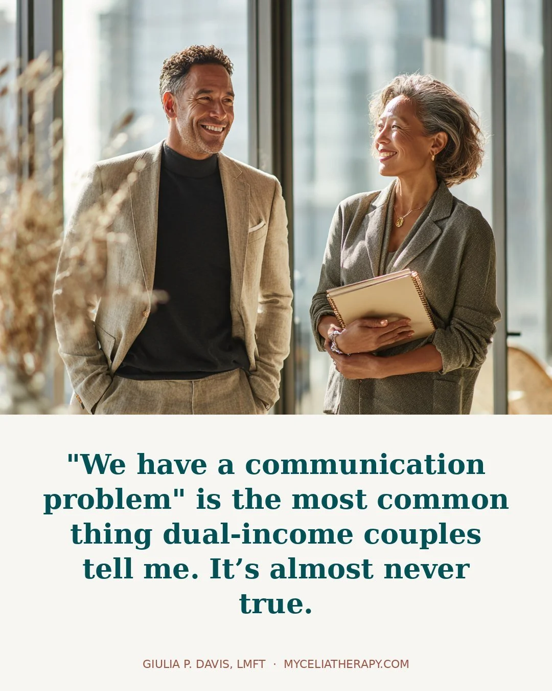 "We have a communication problem" is the most common thing dual-income couples tell me in our first session.

It's almost never true.

When both partners are running two demanding careers, kids, deadlines, the nervous system stays in threat