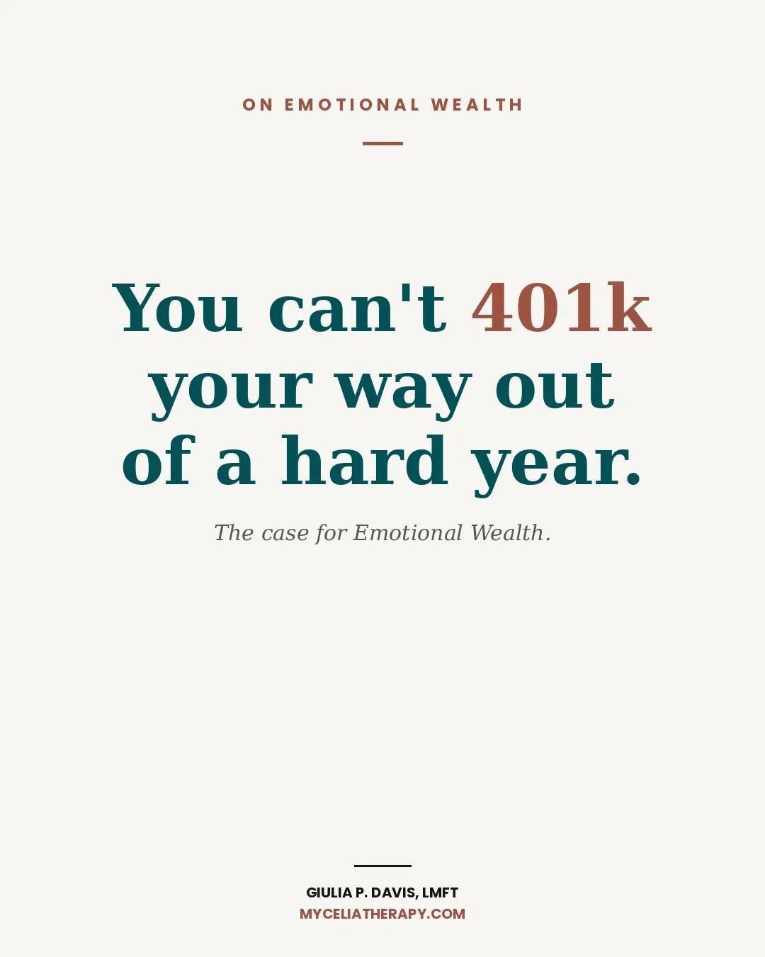 You can't 401k your way out of a hard year.

External success doesn't protect you from a hard year. Cash reserves help. So do networks, advisors, real estate. But none of them are the thing that actually carries you when life pulls the rug.

What car