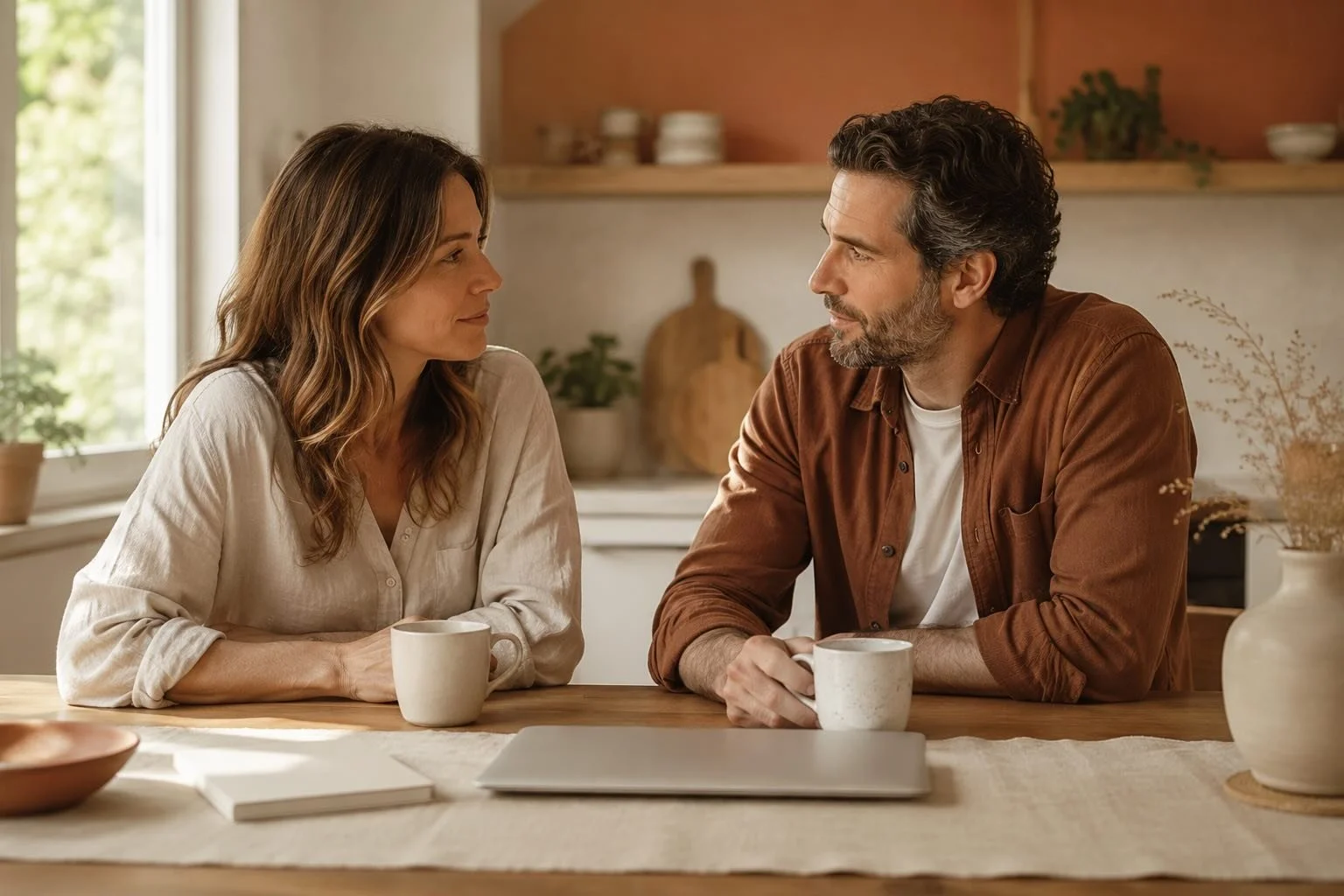 A couple sitting together at a kitchen table talking calmly about money and work.