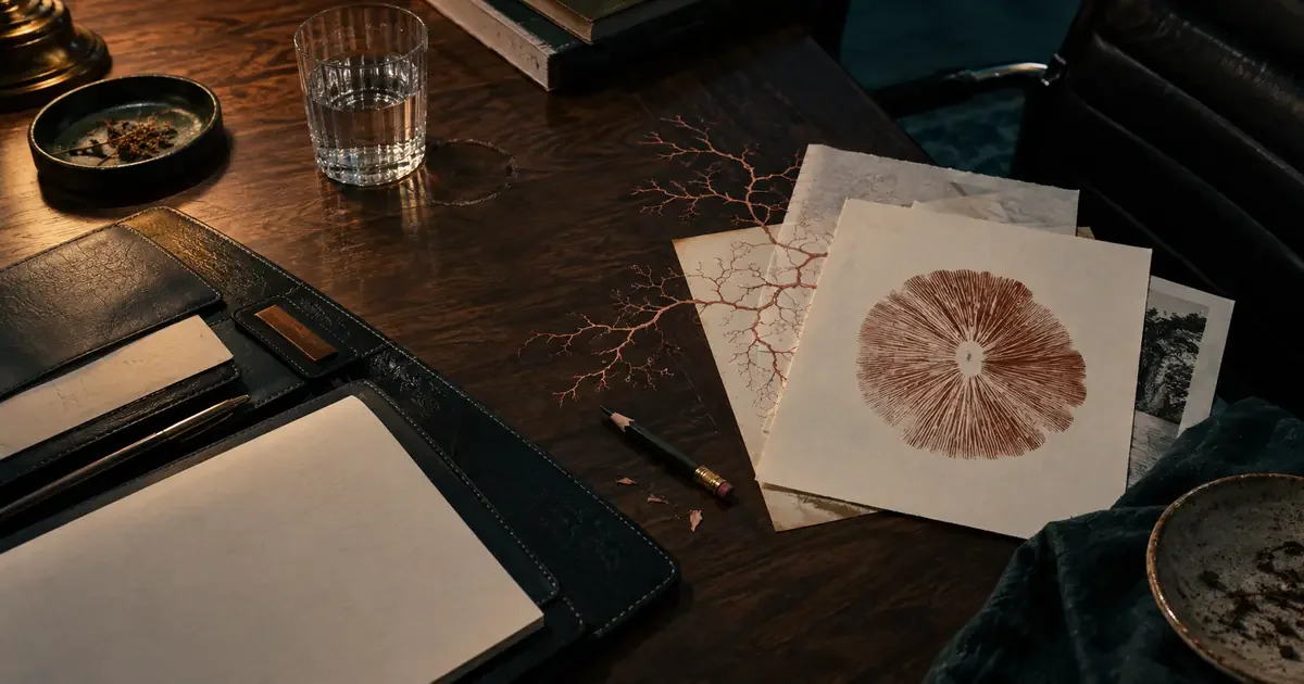 wooden desk with mycelium print on white paper