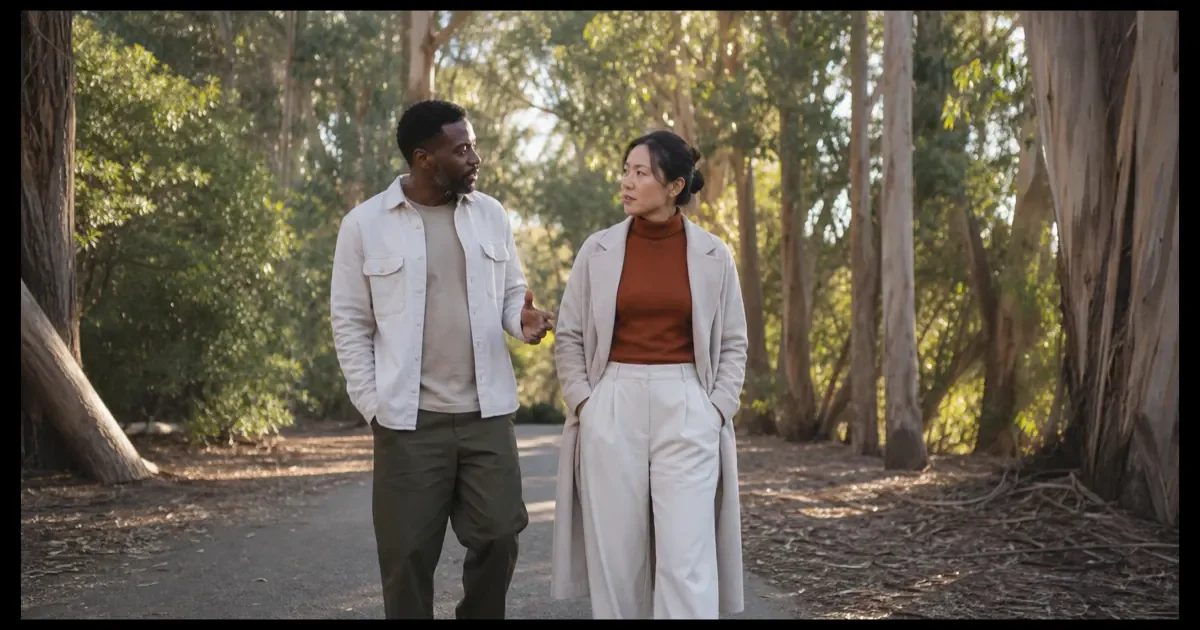 A multicultural couple walks together outdoors while discussing how to apply insights after a couples therapy intensive.
