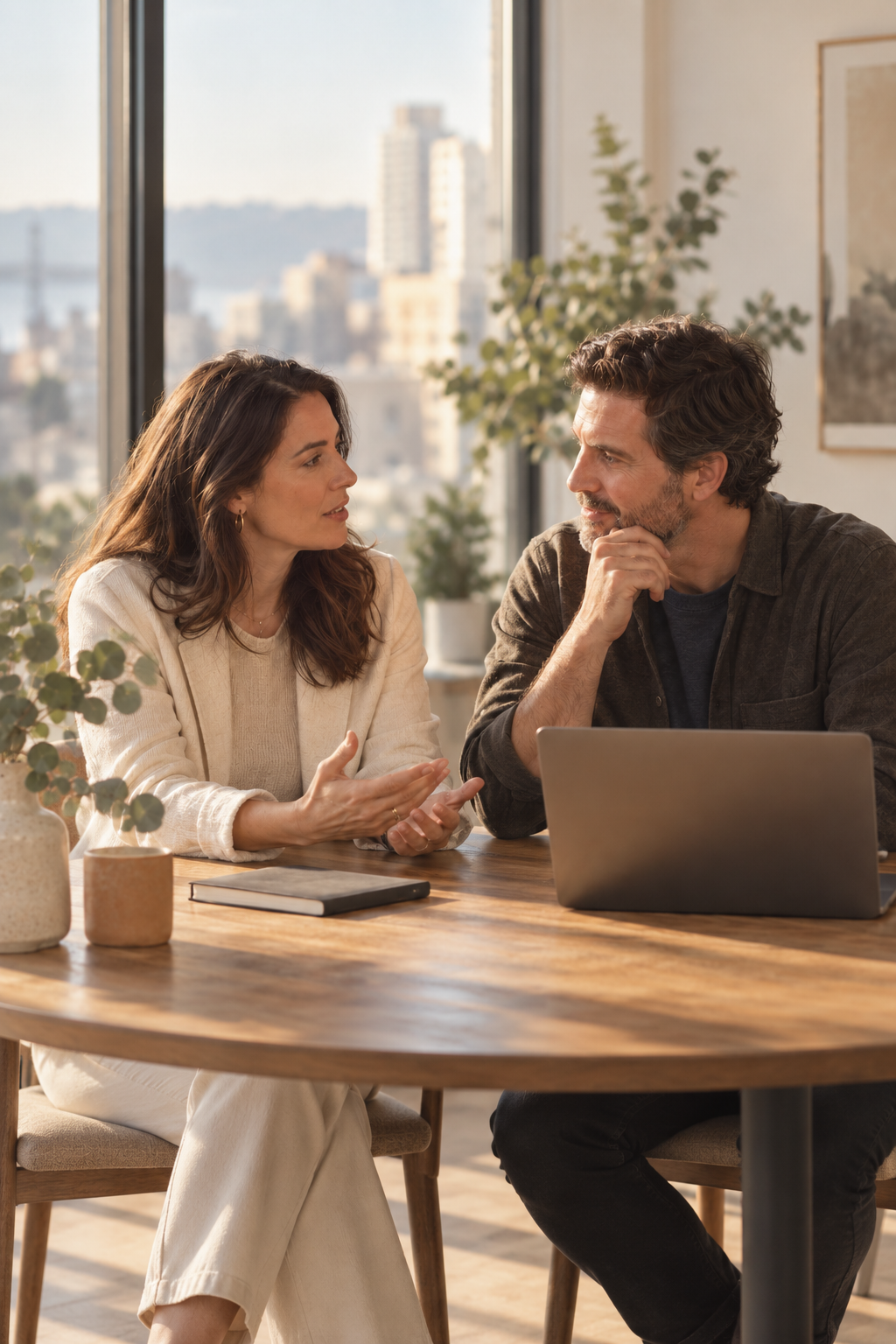 Two business partners in conversation at a sunlit workspace.