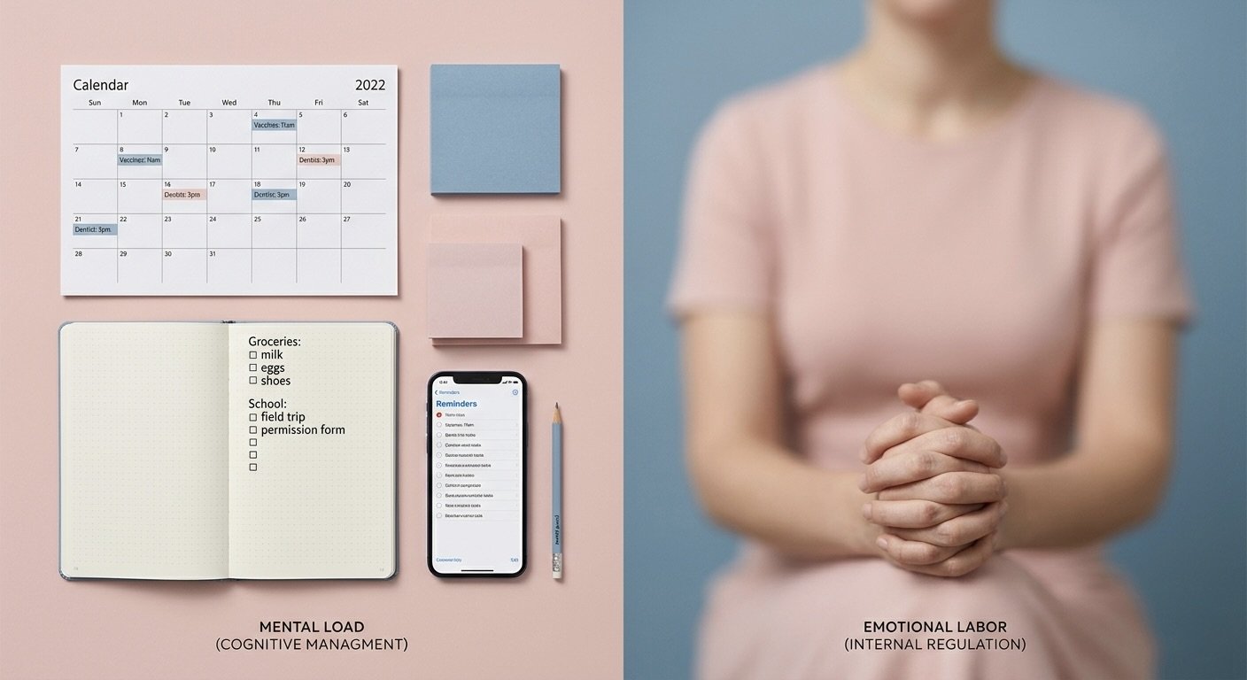 A split image shows on the left a calendar, notebook listing "Groceries milk eggs shoes School field trip permission form" sticky notes and a phone with reminders labeled "MENTAL LOAD COGNITIVE MANAGEMENT"