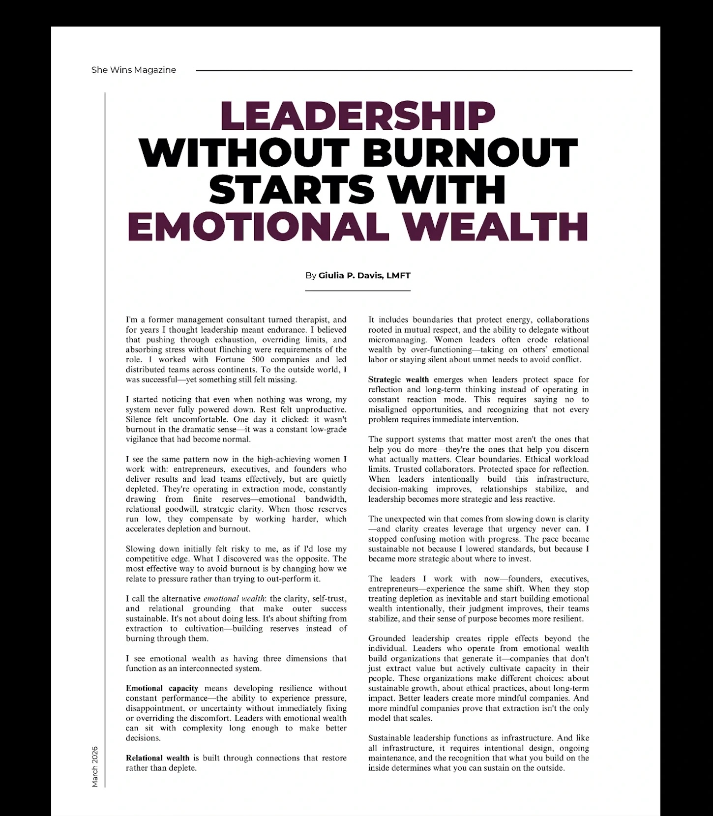 Magazine article titled "Leadership Without Burnout Starts With Emotional Wealth" by Giulia P. Davis, LMFT, with introductory text on managing leadership burnout, emotional resilience, and related concepts.