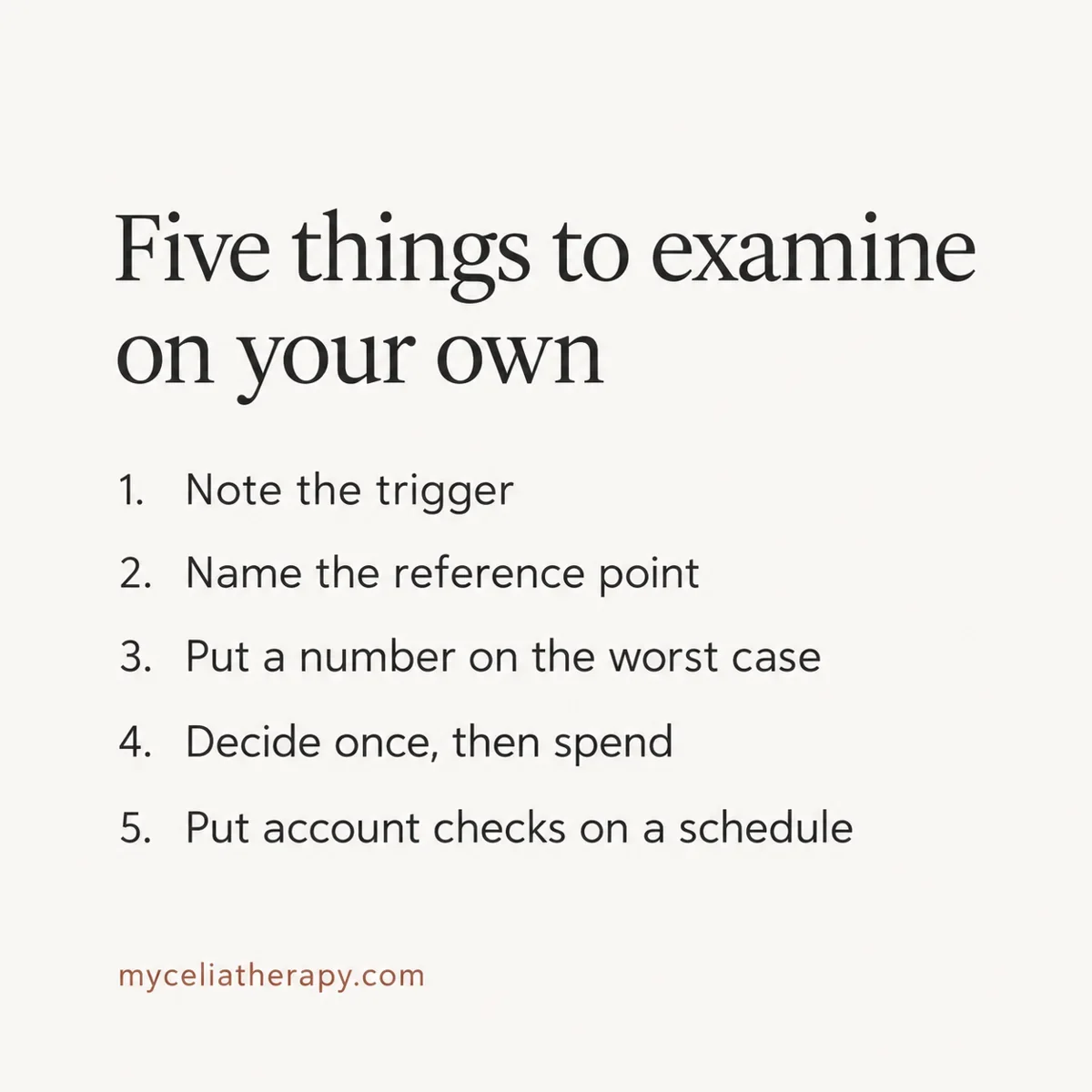 Checklist of five things to examine on your own about money worry, starting with noting the trigger and naming your reference point.