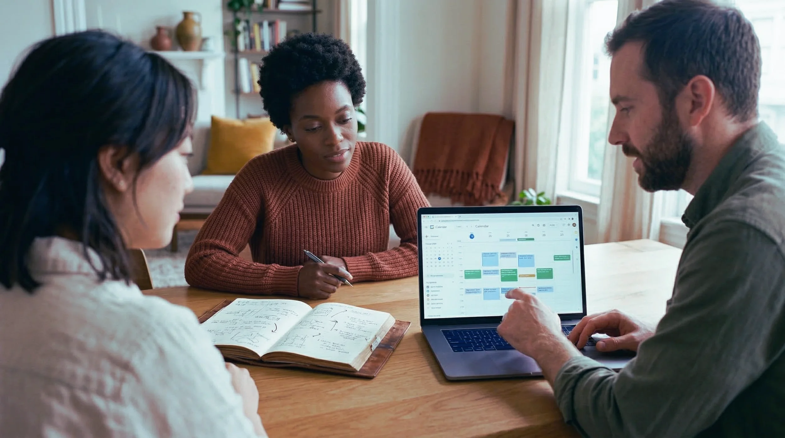 A diverse polyamorous triad sitting together at a wooden dining table, having a calm and focused discussion while looking at a shared digital calendar on a laptop and an open journal.