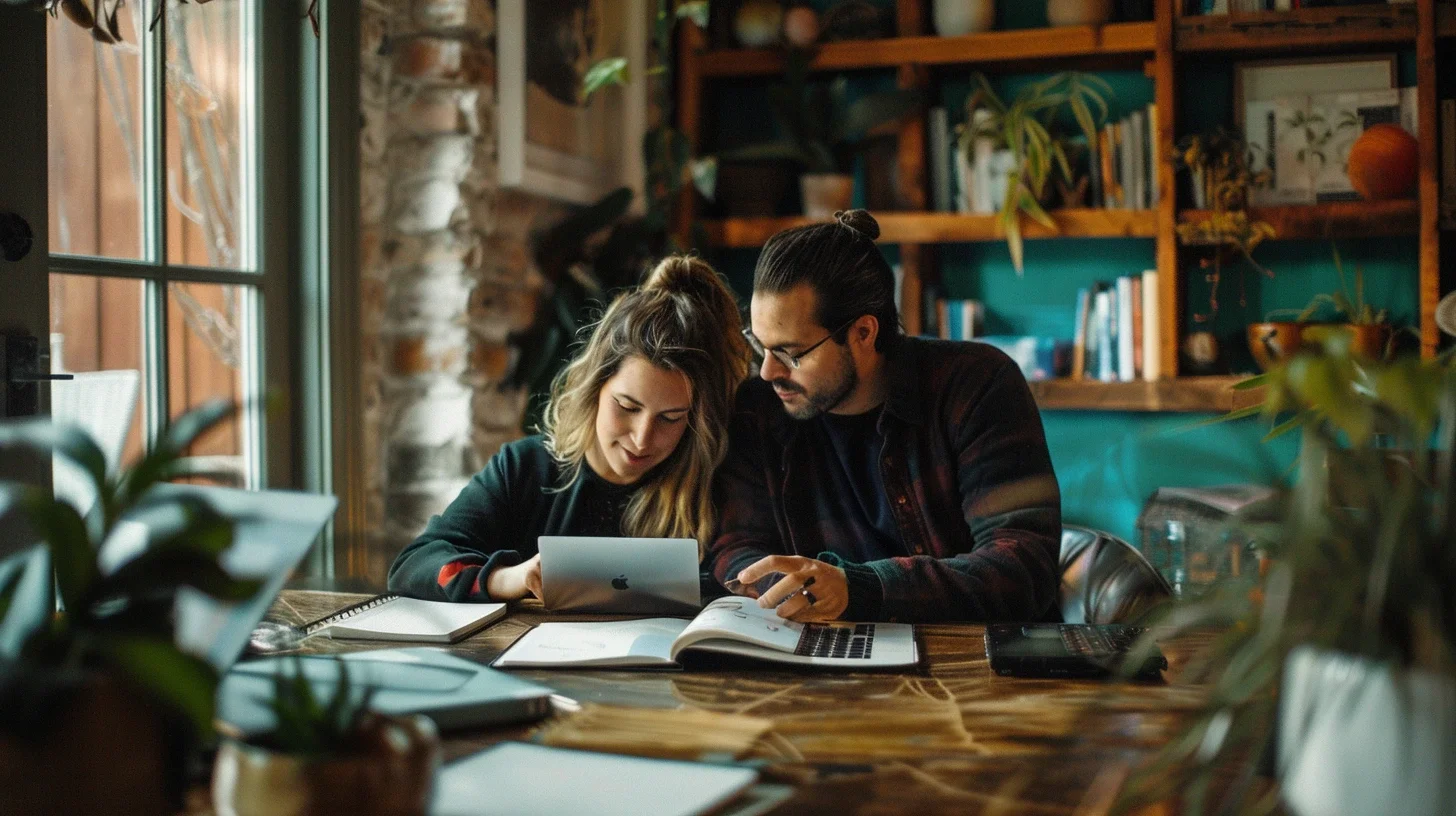 An over-the-shoulder view of a diverse professional couple collaborating on a relationship workbook and laptop, representing the focused work of a couples therapy intensive.