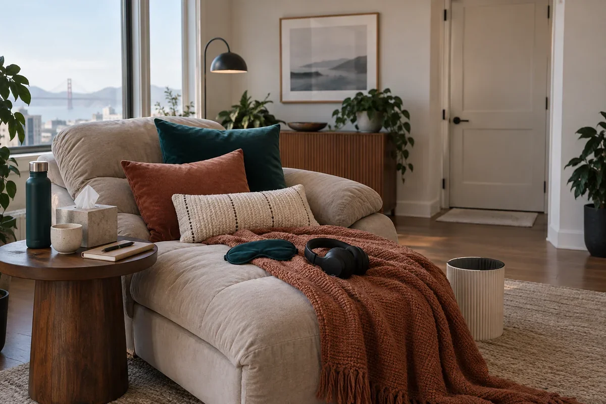 A cream chaise prepared for an at-home KAP session, with a teal eyeshade and black headphones on a terracotta blanket.